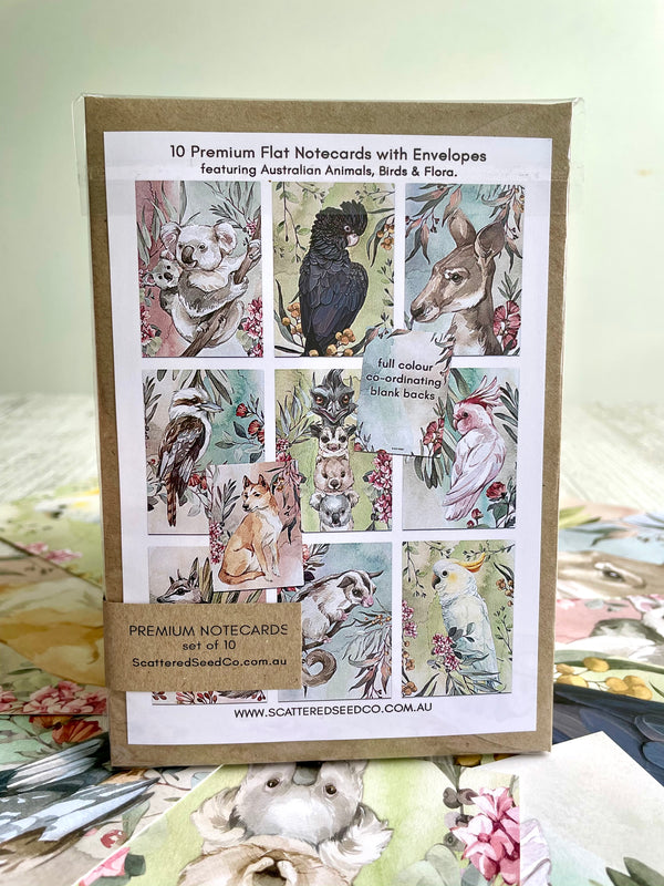 Premium Australian Notecard Set - Australian Animals, Birds & Flora - Full colour double sided A6 set of 5 or 10 - Optional envelopes