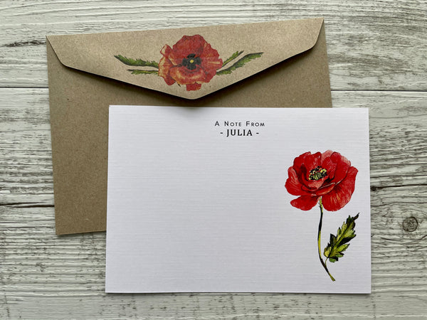 RED POPPY Personalised Flat Notecards Set Of 10