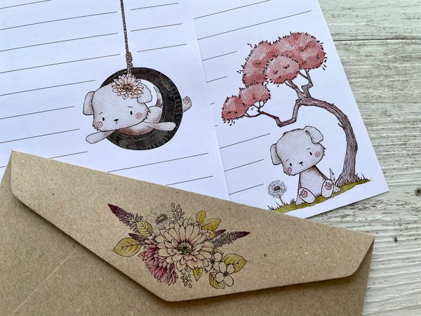 FLORAL PUPPIES Personalised Writing Paper Set of 20