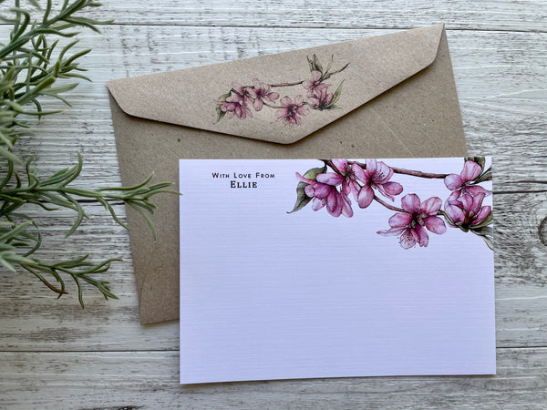 CHERRY BLOSSOM Personalised Flat Notecards Set Of 10