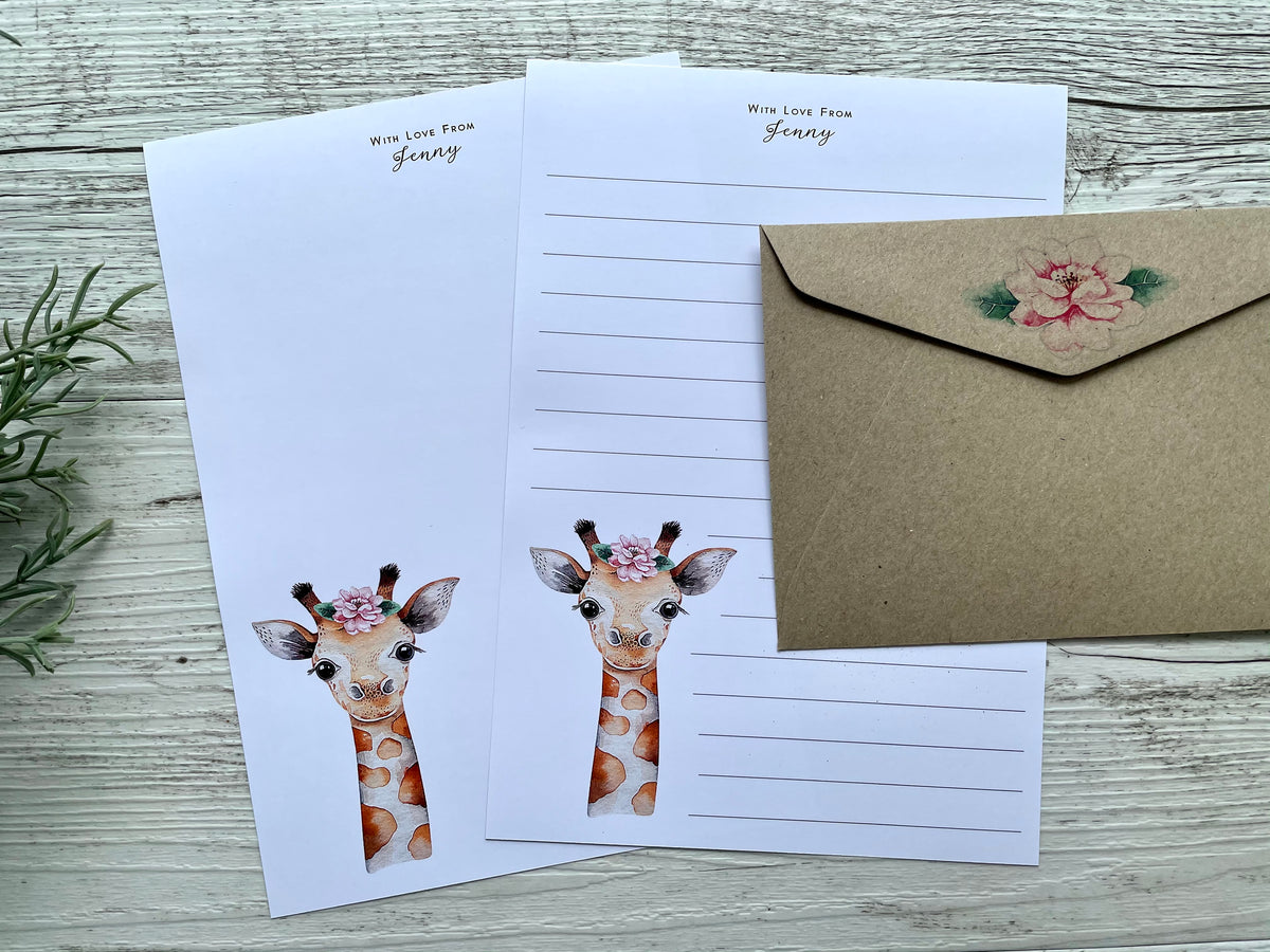 GIRAFFE Personalised Writing Paper Set of 20 – Scattered Seed Co