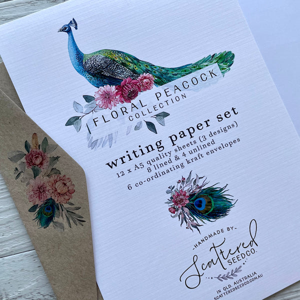 FLORAL PEACOCK Writing Paper Set - (Non-Personalised)