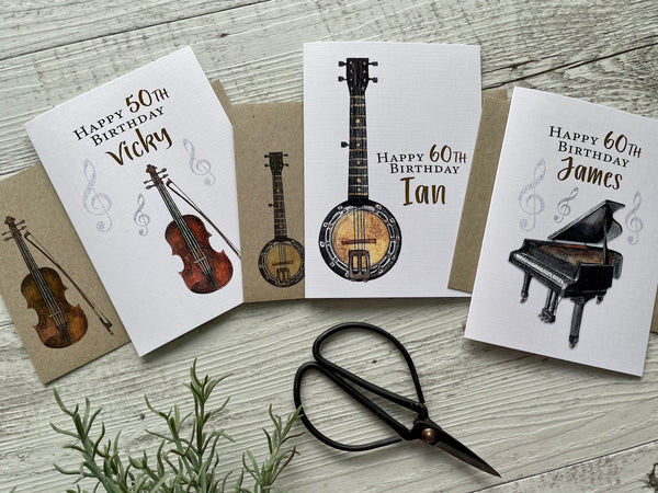 Instruments birthday card Personalised - Guitar, Banjo, Violin, Piano