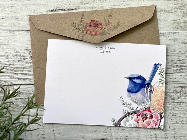 Superb BLUE FAIRY WREN Personalised Flat Notecards Set Of 10