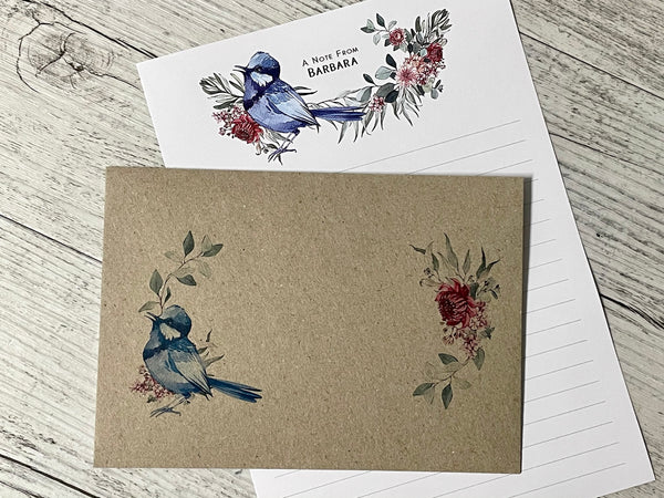 AUSTRALIAN NATIVE WILDLIFE - Blue fairy Wren Personalised Writing Paper Set of 20